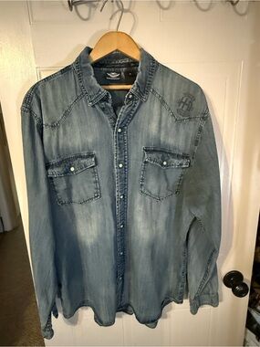 Vintage Harley-Davidson Faded Design Blue Denim Button-Down Shirt - W XL